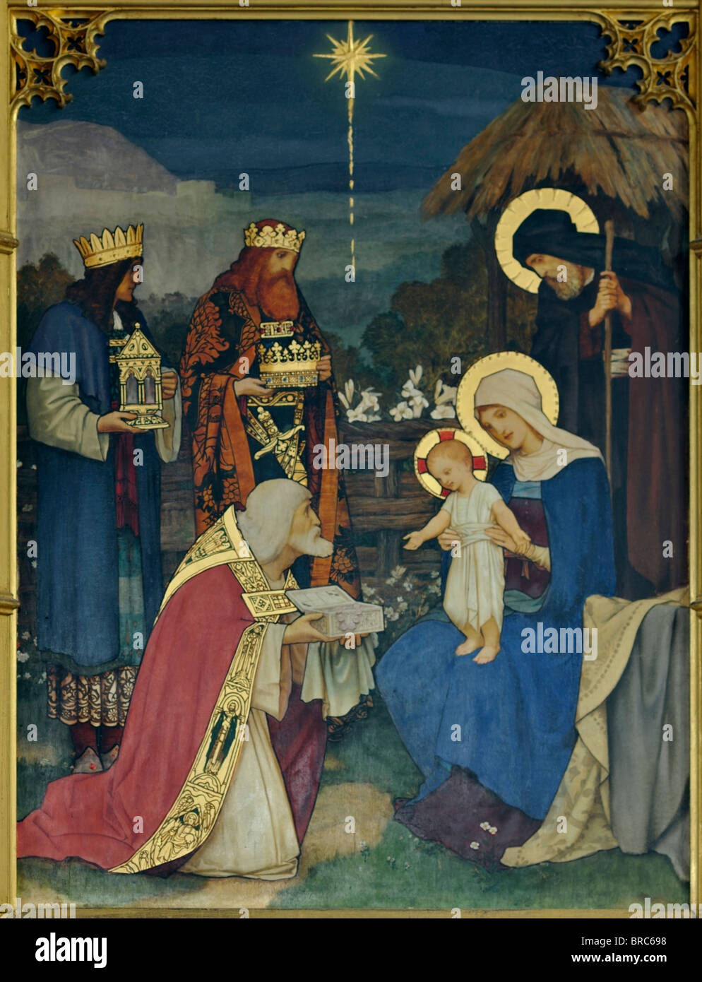 Wooden panel depicting the nativity, St Nicholas Church, Blakeney, England Stock Photo