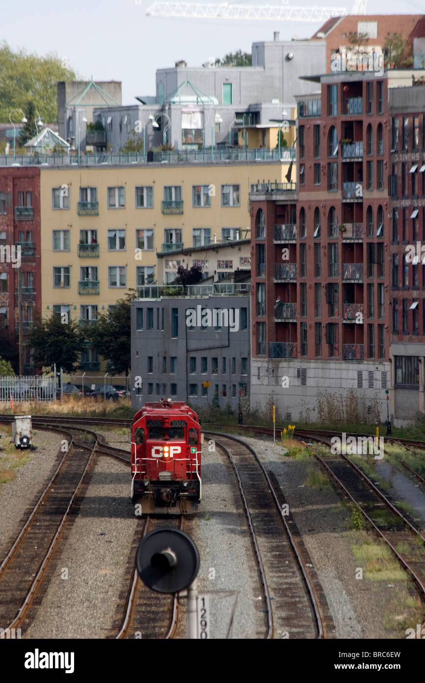 Canadian Pacific Rail diesel locomotives in downtown Vancouver BC Canada Stock Photo