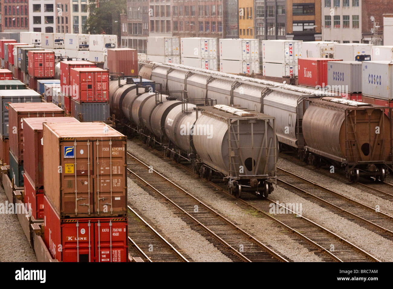 Freight cars in Canadian Pacific Rail yard in downtown Vancouver BC Canada Stock Photo