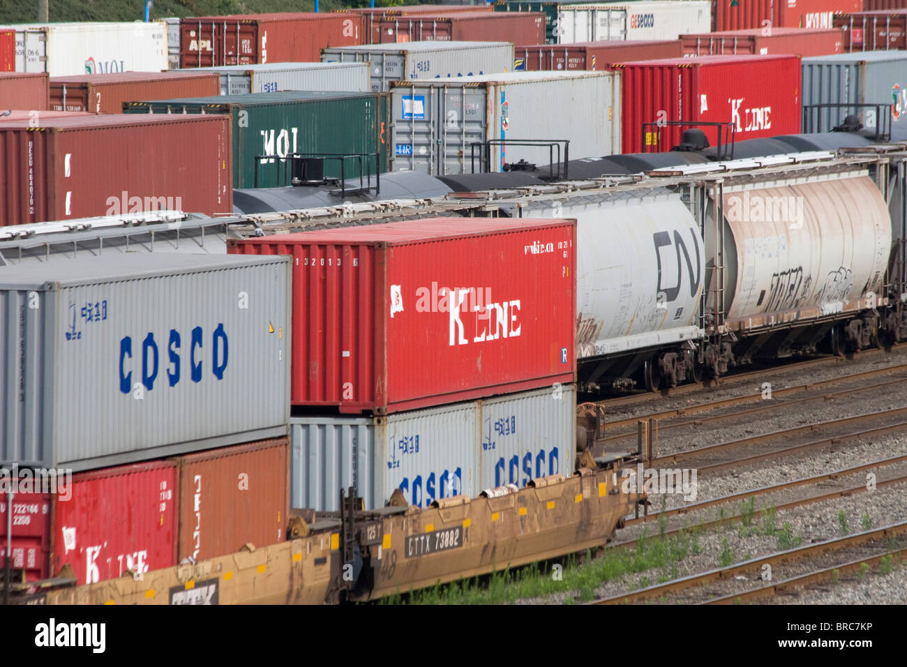 freight cars in Canadian Pacific Rail yard in downtown Vancouver BC Canada Stock Photo