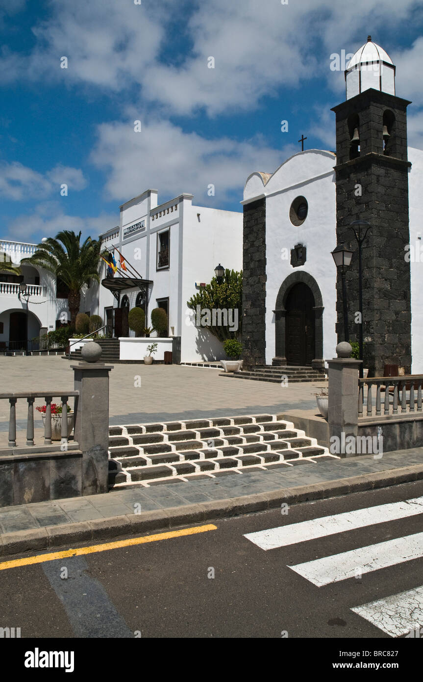 dh  SAN BARTOLOME LANZAROTE Church white building and black lava stone and village plaza square Stock Photo