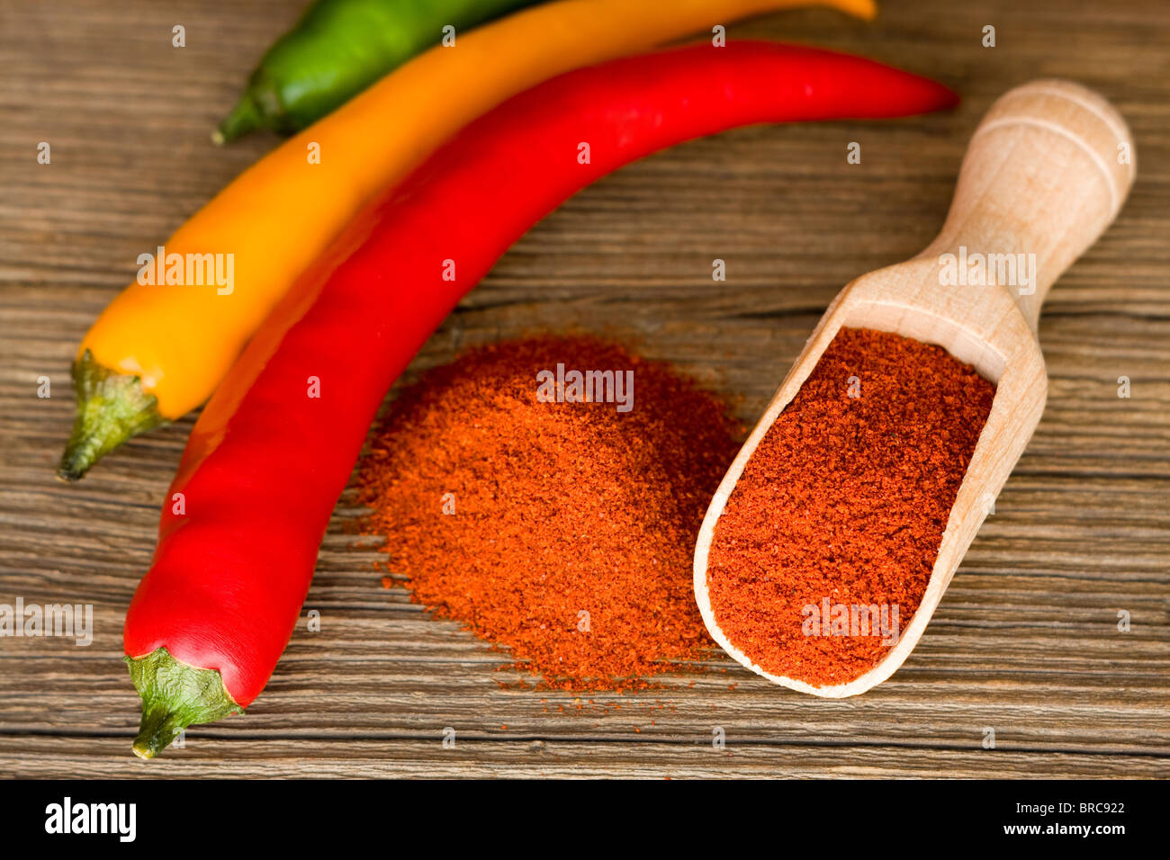 Red hot paprika powder on wooden spoon Stock Photo Alamy