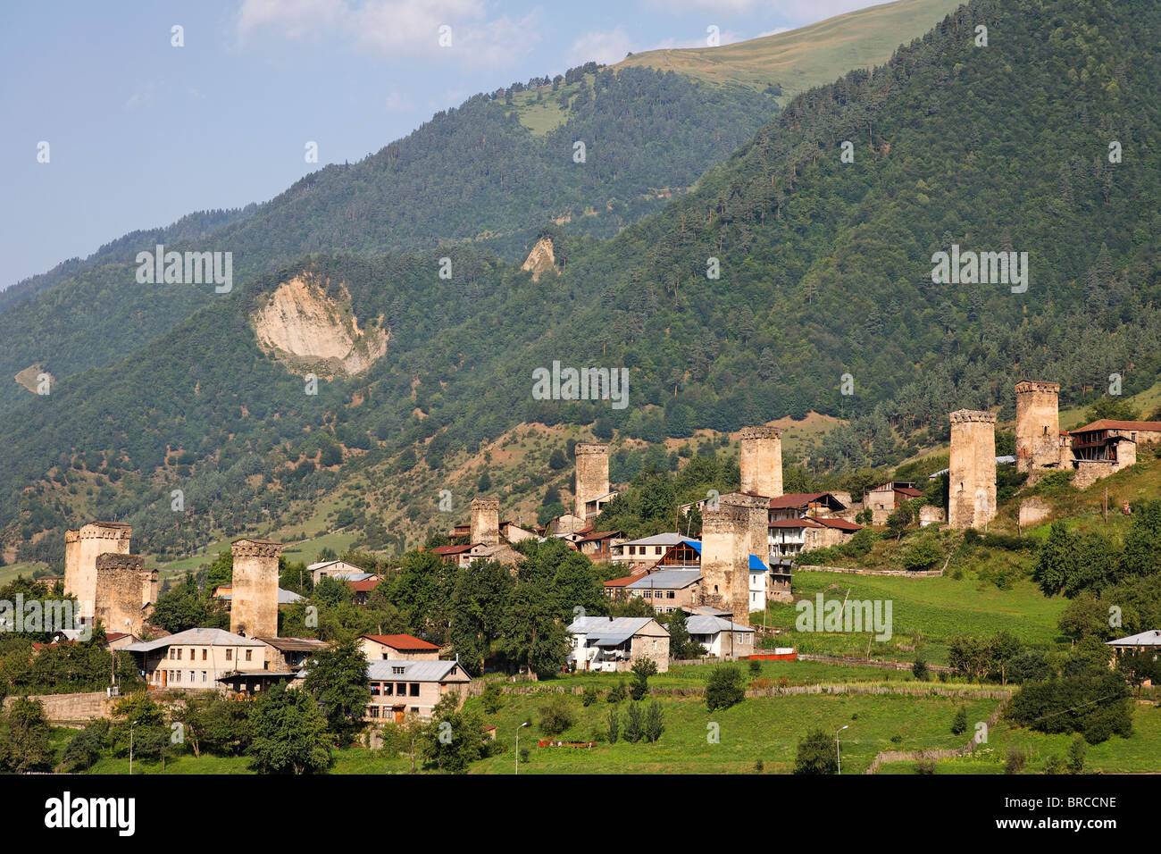 Defensive stone towers, Mestia, Svaneti in the Great Caucasus Mountains, Georgia Stock Photo