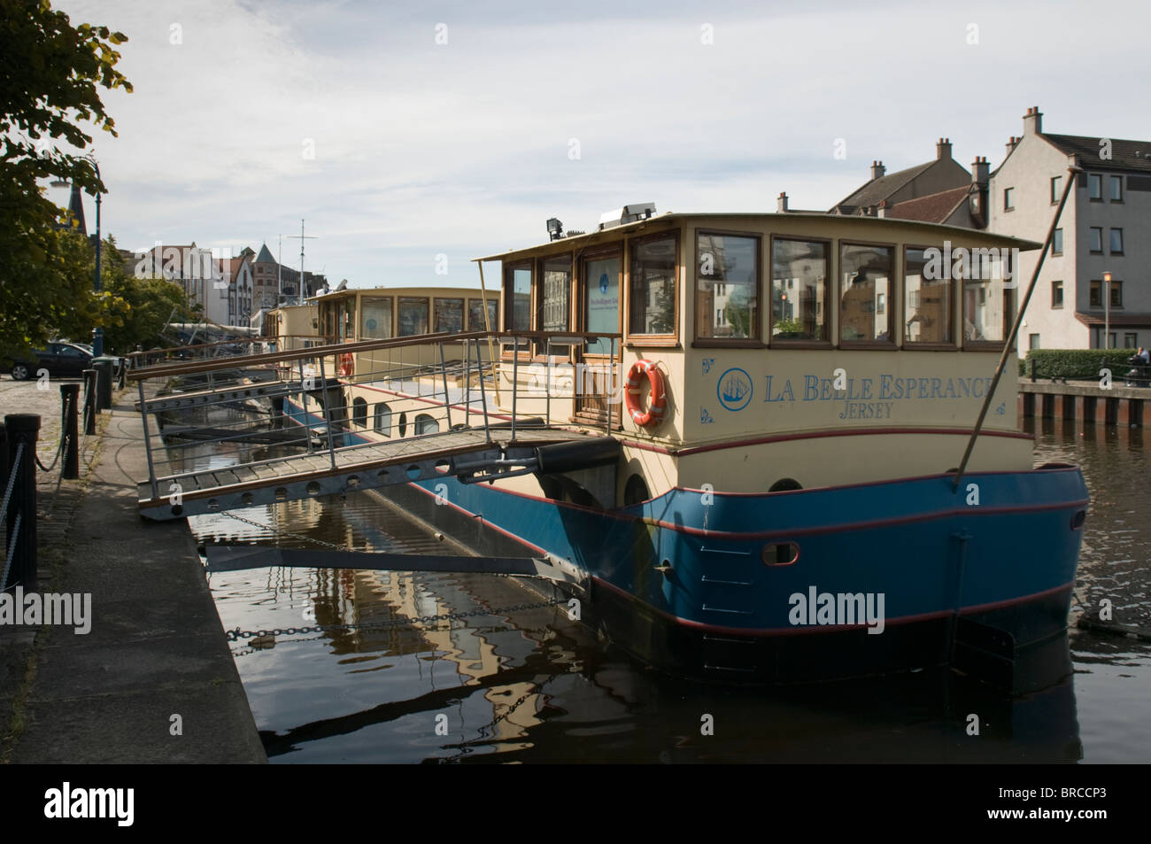 Barge (now office) at The Shore, Leith Docks, Edinburgh. Stock Photo