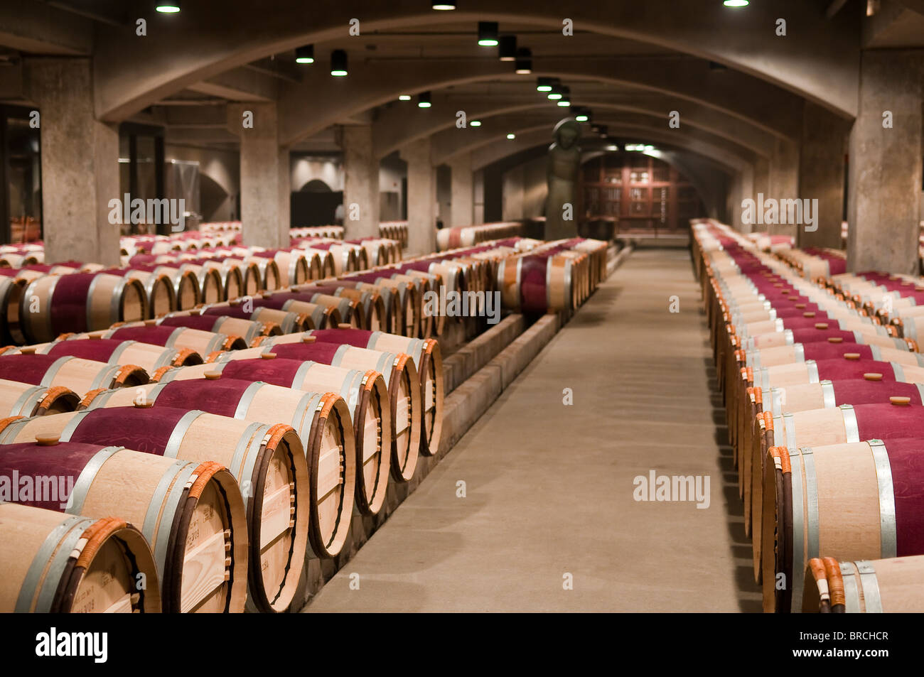 French oak barrels in the aging cellar of the Robert Mondavi Vinery, Napa Valley, California, USA Stock Photo