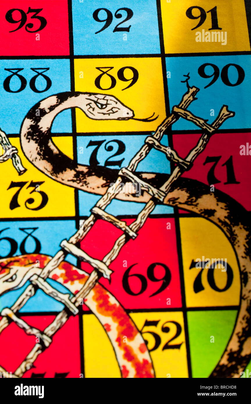 Snakes and Laddders - close up of this popular childrens board game. Stock Photo