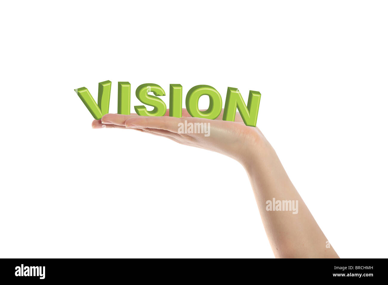 A neat human hand holding the word vision. All isolated on white background. Stock Photo