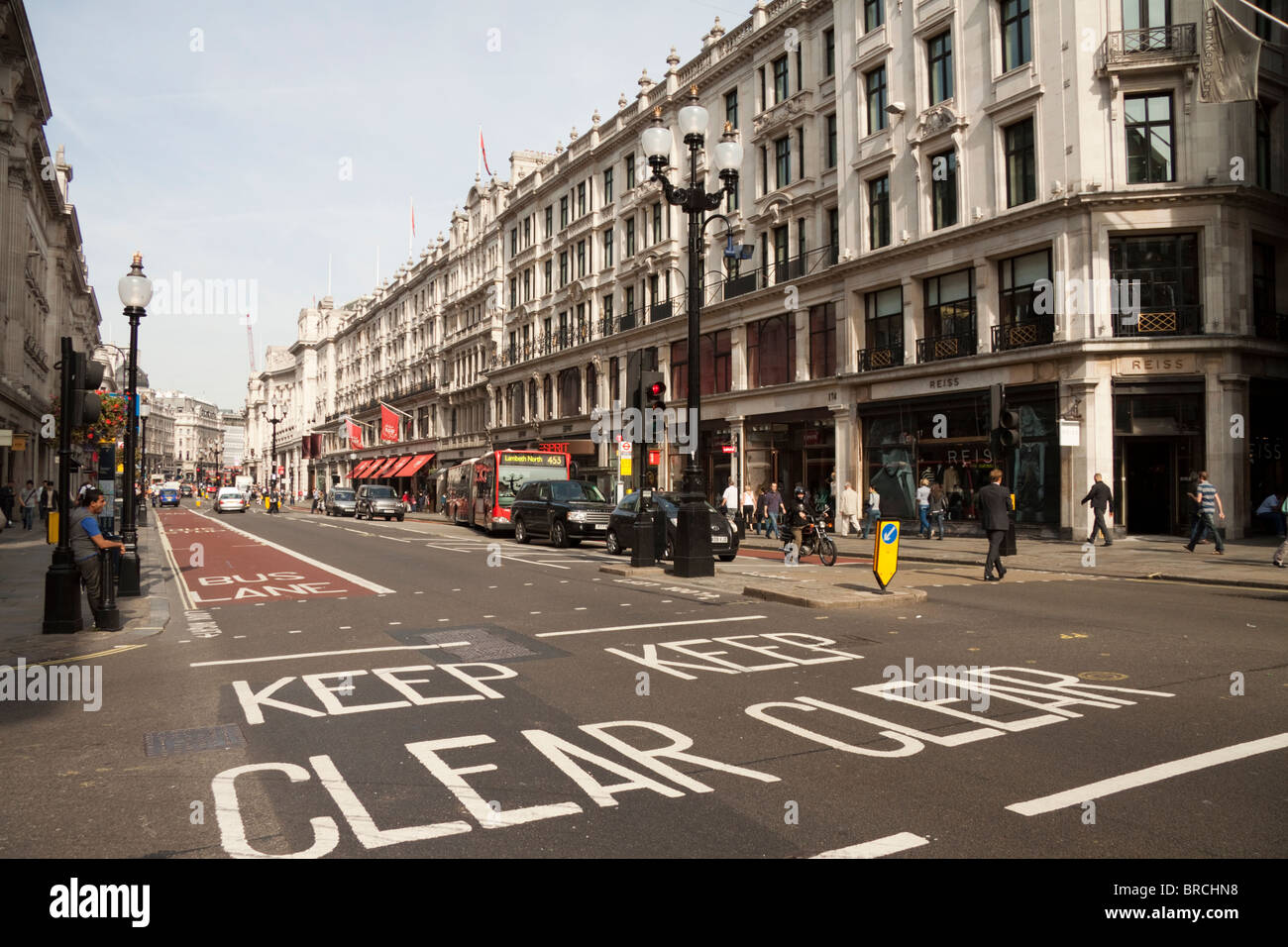 Road markings saying keep clear, Regent Street, London, England, UK