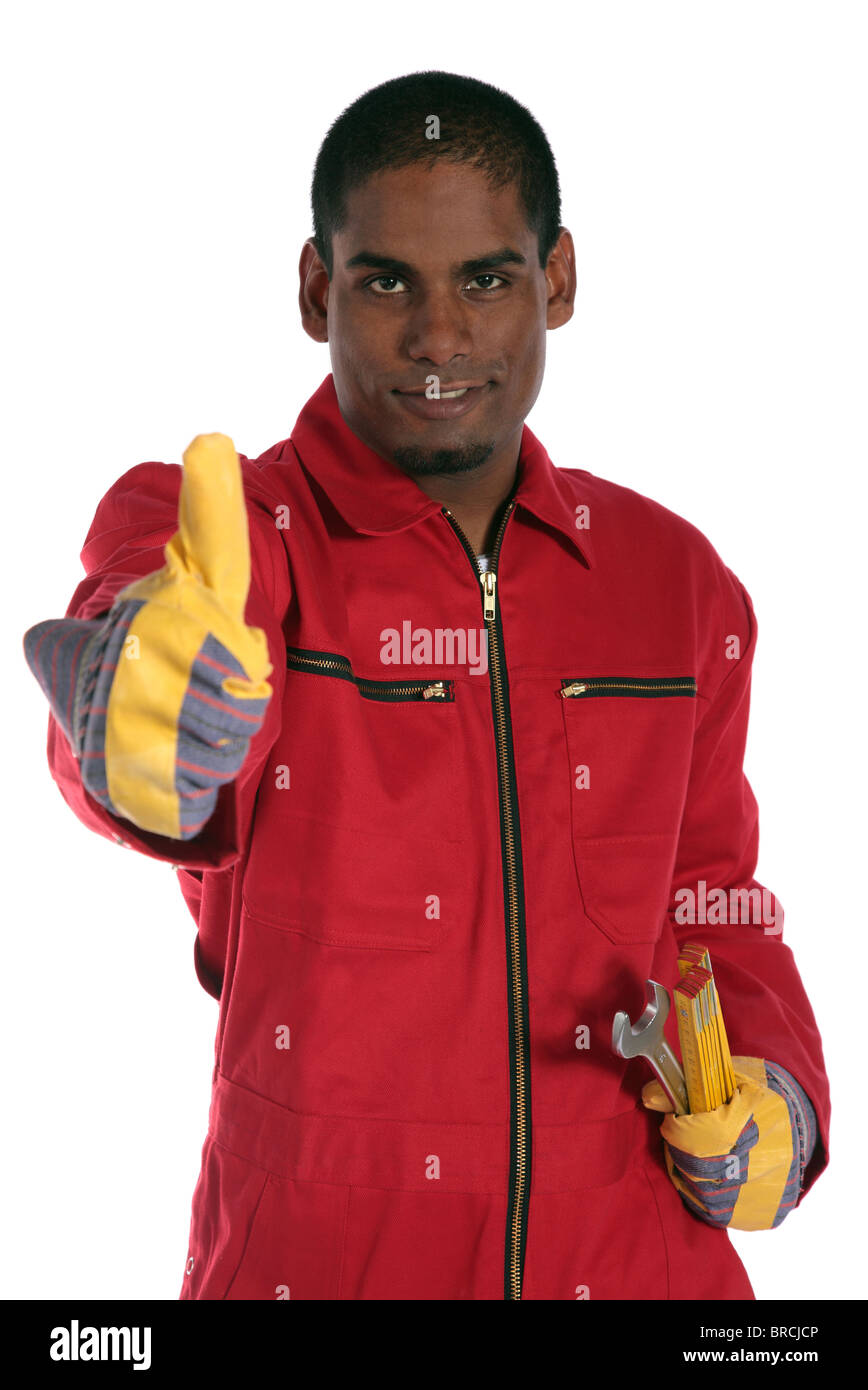 A dark-skinned worker making a positive gesture. All on white background. Stock Photo