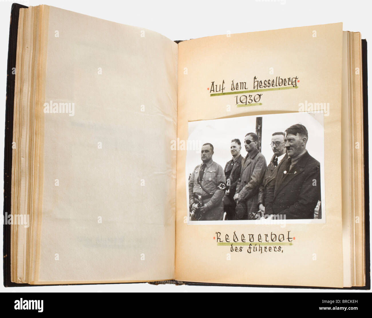 Heinrich Himmler, a presentation volume '10 Jahre Reichsführer SS' (10 Years as Reichsführer SS) Black leather binding stamped with the corresponding title in silver, and with 168 pages containing the personal memoires of various SS-leaders on the founding period of the SS and their first meetings with Himmler. Each text is individually designed, whether hand written, done in calligraphy, or typed, with colour illustrations and paste historic, historical, people, 1930s, 1930s, 20th century, Waffen-SS, armed division of the SS, armed service, armed services, NS,, Stock Photo