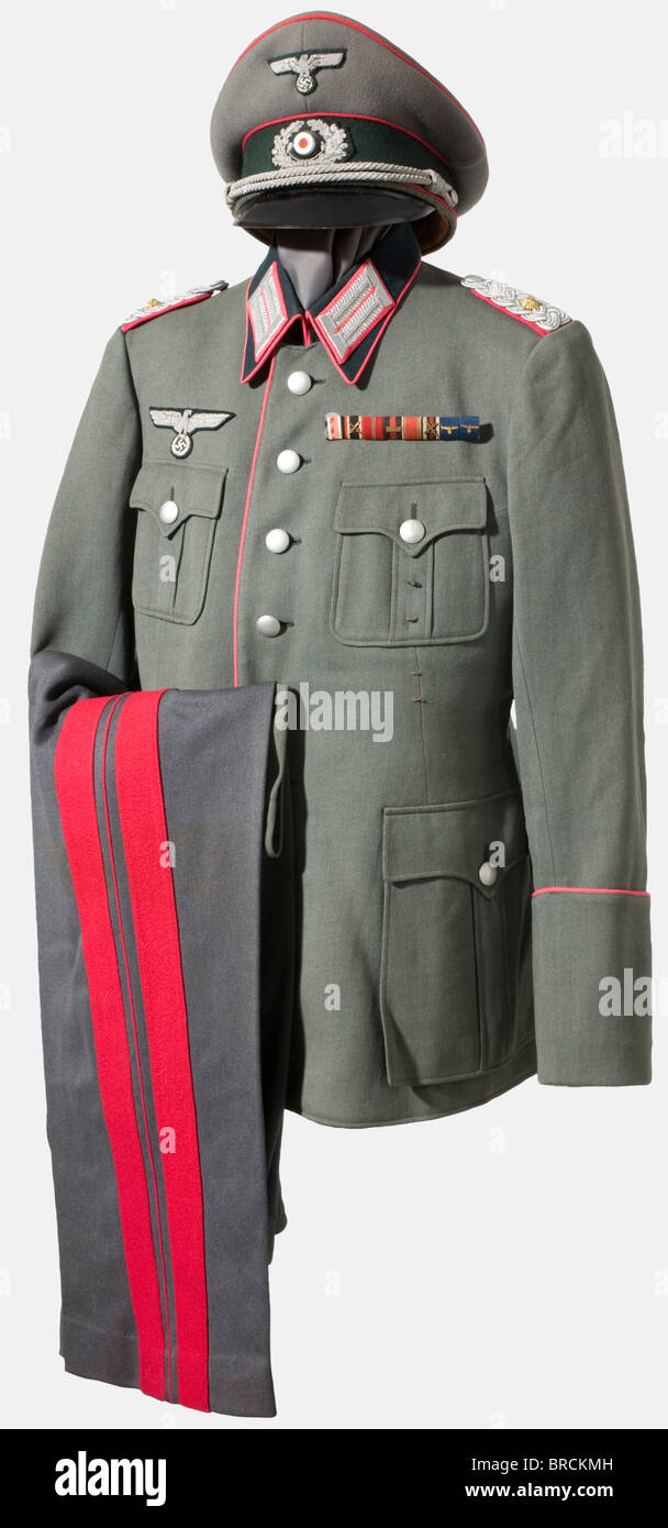A uniform for an Oberstleutnant (Lt. Colonel), on the general staff A field  grey wool felt service cap with dark green cap band, scarlet red piping,  silver-embroidered insignia (resewn) and silver cap