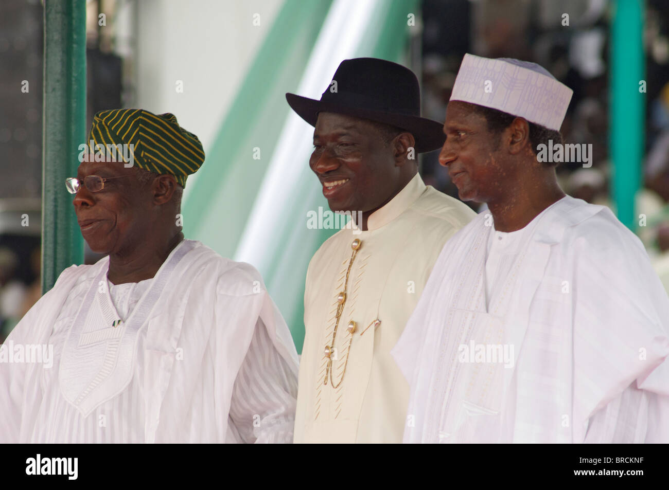 Three Presidents of Nigeria.  Goodluck Jonathan with Umaru Yar'Adua and Olusegun Obasanjo. Stock Photo