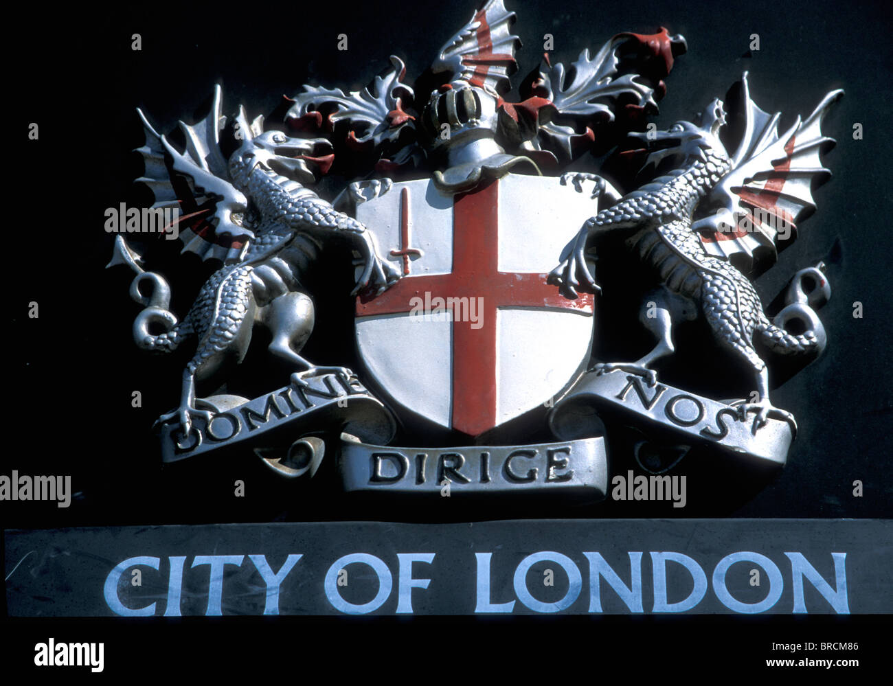 The heraldic dragon shield, symbol of the City of London. Stock Photo