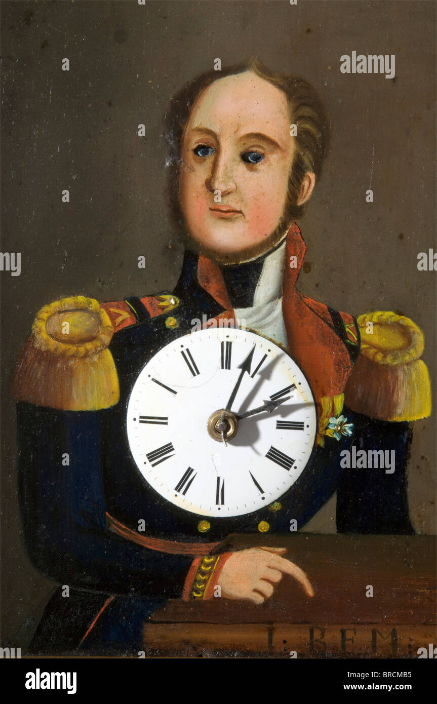 Ludwig I Grand Duke of Baden (1763 - 1830), a rolling eye clock, first half of the 19th century The front with a portrait of Grand Duke Ludwig I in a fictive uniform, oil on wood. Moving eyeballs, enamelled dial in the centre. Inscribed on the lower right 'L.B.E.M.' (Ludwig Baden Euer Majestät). In gilt profile frame, under glass. Ebonised wood case, movement on a wooden board with striking mechanism, brass pendulum, lead-filled brass weights. Slight signs of use, the movement sets in. Size 27 x 32 x 12 cm. Ludwig I was the last member of the Zähringer dynasty., Stock Photo