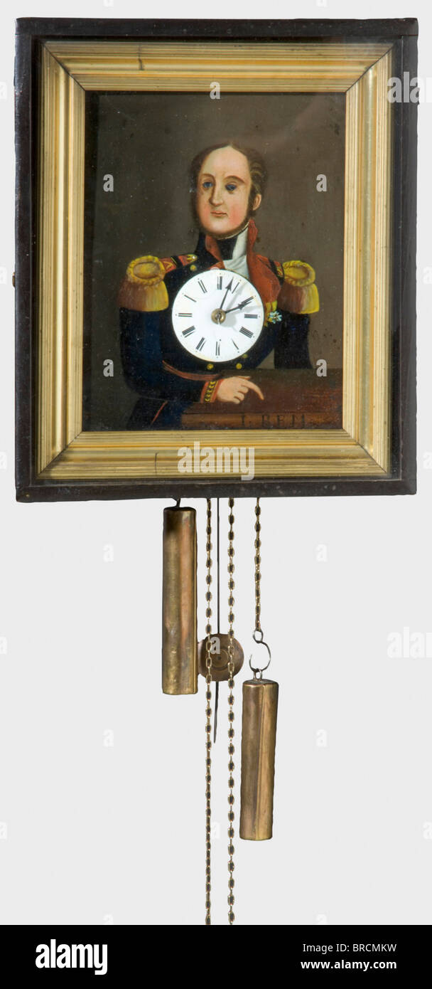 Ludwig I Grand Duke of Baden (1763 - 1830), a rolling eye clock, first half of the 19th century The front with a portrait of Grand Duke Ludwig I in a fictive uniform, oil on wood. Moving eyeballs, enamelled dial in the centre. Inscribed on the lower right 'L.B.E.M.' (Ludwig Baden Euer Majestät). In gilt profile frame, under glass. Ebonised wood case, movement on a wooden board with striking mechanism, brass pendulum, lead-filled brass weights. Slight signs of use, the movement sets in. Size 27 x 32 x 12 cm. Ludwig I was the last member of the Zähringer dynasty., Stock Photo