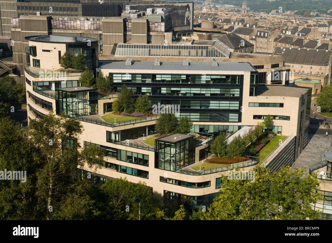 View from Calton Hill of a Rooftop garden on a modern office building, Greenside, Edinburgh. Stock Photo