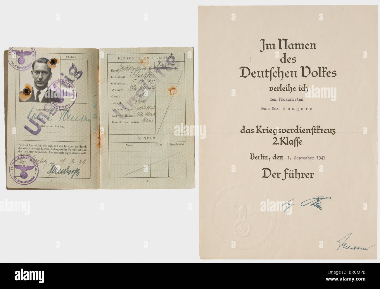Hans M. Bongers, a pioneer of German civil aviation (1898 - 1981), awards and documents Passport, 1939 with numerous visas and entries. A historic, historical, people, 1930s, 1930s, 20th century, troop, troops, armed forces, military, militaria, army, wing, group, air force, air forces, document, documents, object, objects, stills, clipping, clippings, cut out, cut-out, cut-outs, Stock Photo
