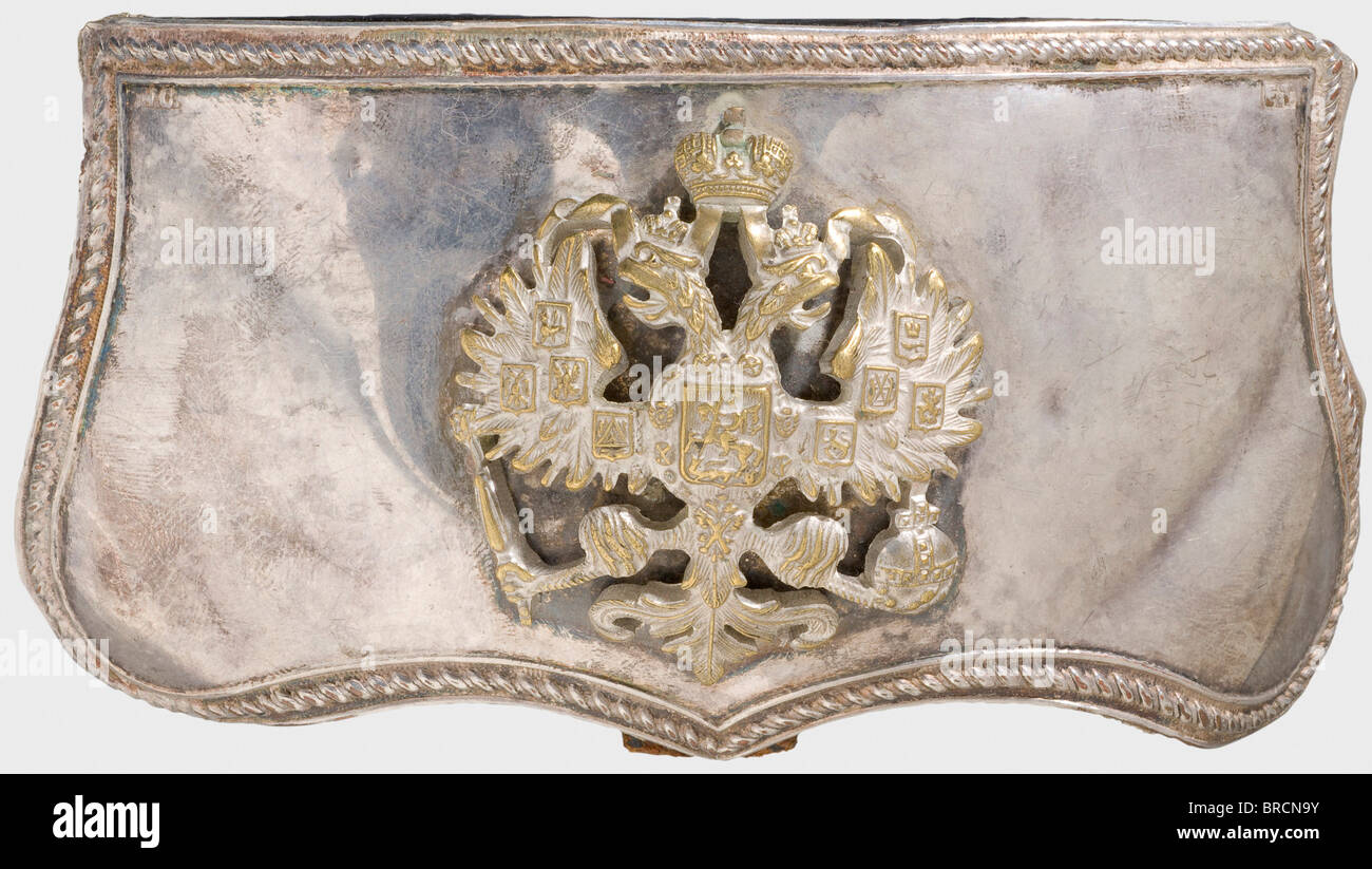 A cartridge box, for officers Silvered cover with applied silvered Russian double-headed eagle and Cyrillic punch marks 'N.S.' and 'B & T'. Black leather. historic, historical, 19th century, object, objects, stills, clipping, clippings, cut out, cut-out, cut-outs, fine arts, art, art object, art objects, artful, precious, collectible, collector's item, collectibles, collector's items, rarity, rarities, Stock Photo