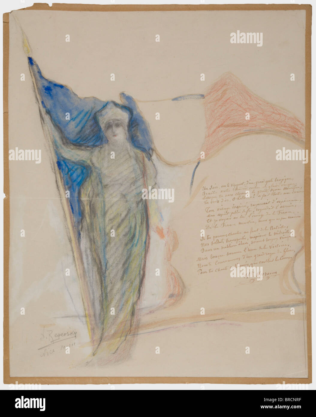 Félia Litvinne (1860 - 1936), a portrait as 'Marianne' Pastel on paper and cardboard, signed and dated on lower left 'D. Regevsky 1914', on the right edge a sonnet expressing the hope that Litvinne will sing for the French soldiers at the front, signed 'H.re Muraour'. Size ca. 45.5 cm x 37.5 cm. fine arts, people, 1910s, 20th century, object, objects, stills, clipping, clippings, cut out, cut-out, cut-outs, utensil, piece of equipment, utensils, item, items, Artist's Copyright has not to be cleared Stock Photo