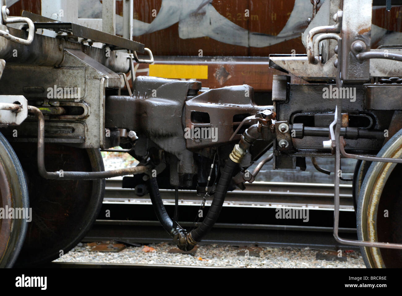 Freight Cars couplers in rail yard Stock Photo Alamy