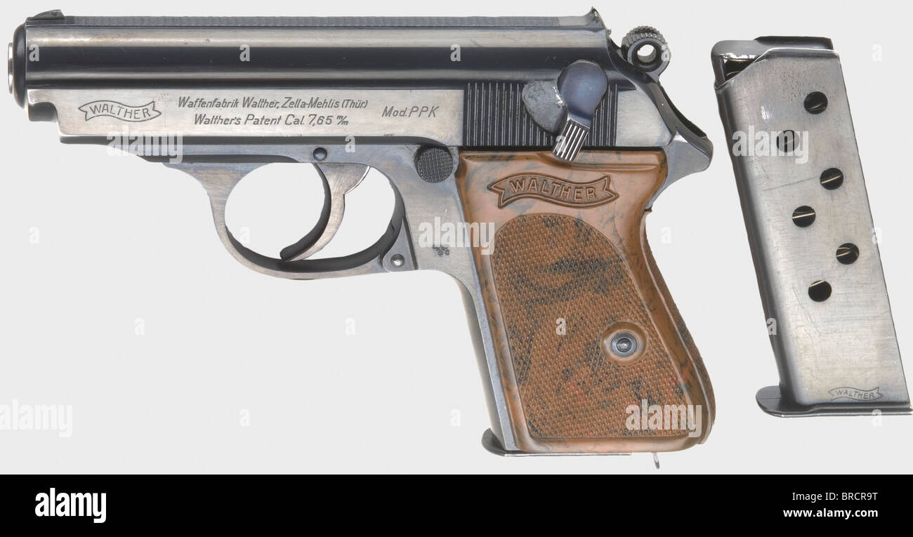 A Walther PPK ZM, police, 7-digit serial number, calibre 7.65 mm, no. 1006312. Proof mark: crown/'N'. 60ø-safety. Police acceptance eagle/'HK/C'. Standard inscription. Complete highly polished finish. Small parts blued. Mottled brown one-piece plastic grip panel with short and hardly visible hairline crack. Magazine with matching numbers marked 'I' as well as matching-numbered spare magazine marked 'II', both without extension. Almost new overall condition of a collector's weapon rarely that complete. With PPK pistols carrying the rare million numbers police ac, Stock Photo