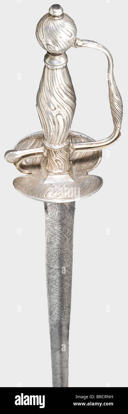 A French silver-hilted small-sword, 18th century Hollow triangular thrusting blade with decorative etching on both sides of the (somewhat deformed) forte. Silver hilt chased in low relief (knuckle-guard and one finger loop bent). Length 100.5 cm. historic, historical, 18th century, dress sword, swords, thrusting, thrustings, smallsword, epee de cour, weapon, arms, weapons, arms, military, militaria, object, objects, stills, clipping, clippings, cut out, cut-out, cut-outs, Stock Photo