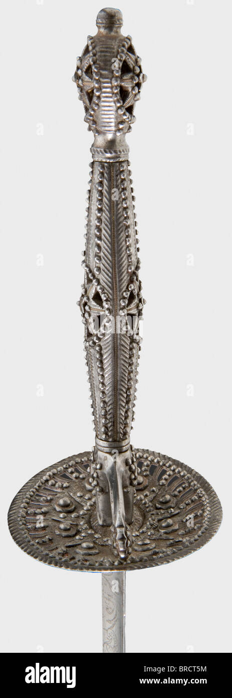 A French iron small-sword, circa 1790 A tapering hollow triangular blade etched with floral decoration at the forte. Openwork, chiselled iron hilt, profusely applied with facetted steel beads in imitation of brilliants. Length 102.5 cm. historic, historical, 18th century, dress sword, swords, thrusting, thrustings, smallsword, epee de cour, weapon, arms, weapons, arms, military, militaria, object, objects, stills, clipping, clippings, cut out, cut-out, cut-outs, Stock Photo