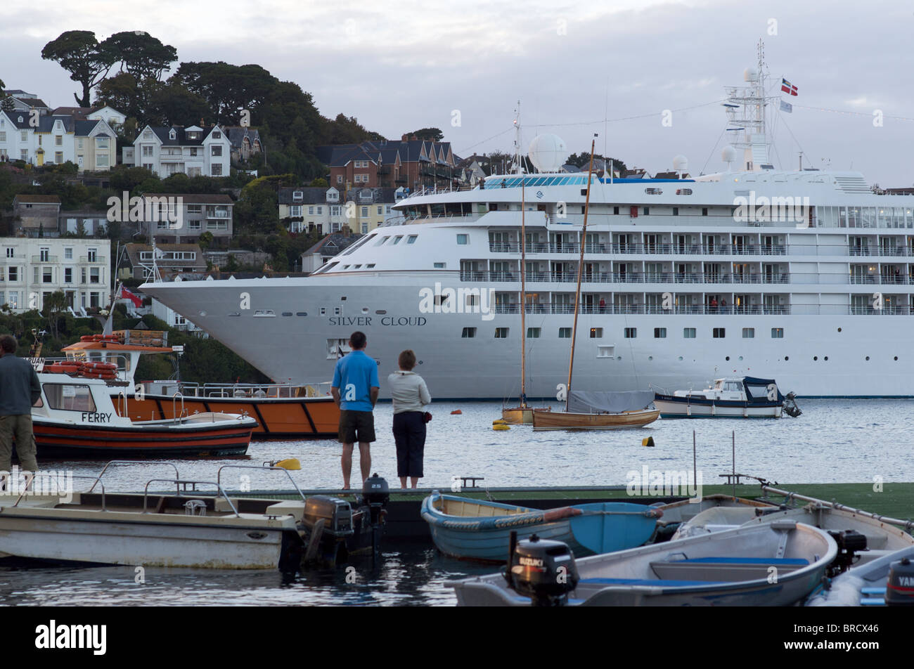 Cruise liner Silver Cloud leaves Fowey harbour Stock Photo