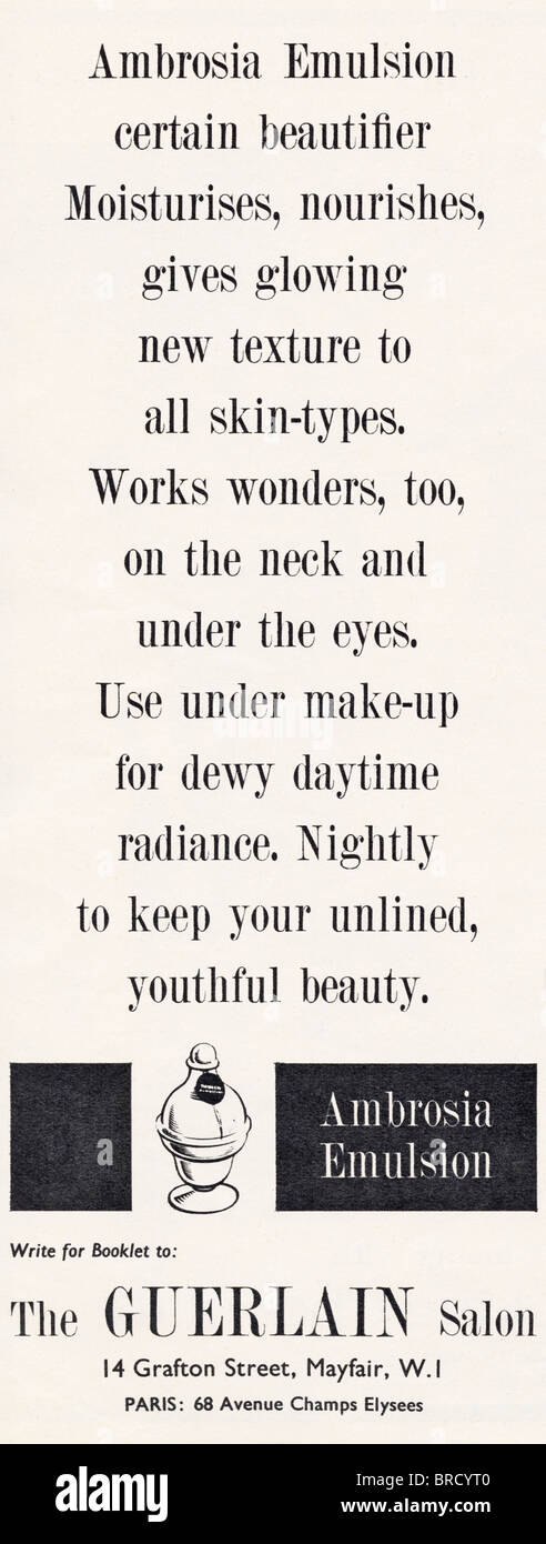 Black and white advert for make-up emulsion in fashion magazine circa 1959 Stock Photo