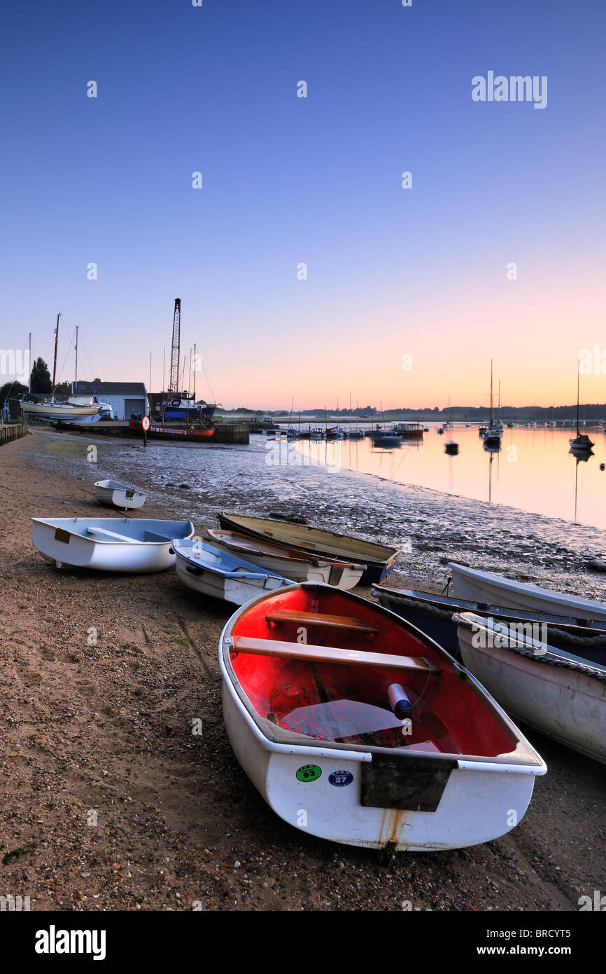 Boats on the shore at dawn - Waldringfield, Suffolk - England Stock Photo
