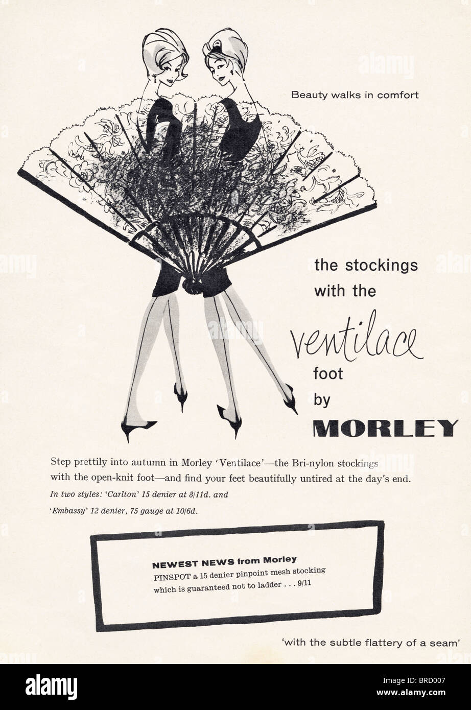 Black and white advert for ventilace Bri-nylon stockings by Morley in fashion magazine circa 1959 Stock Photo