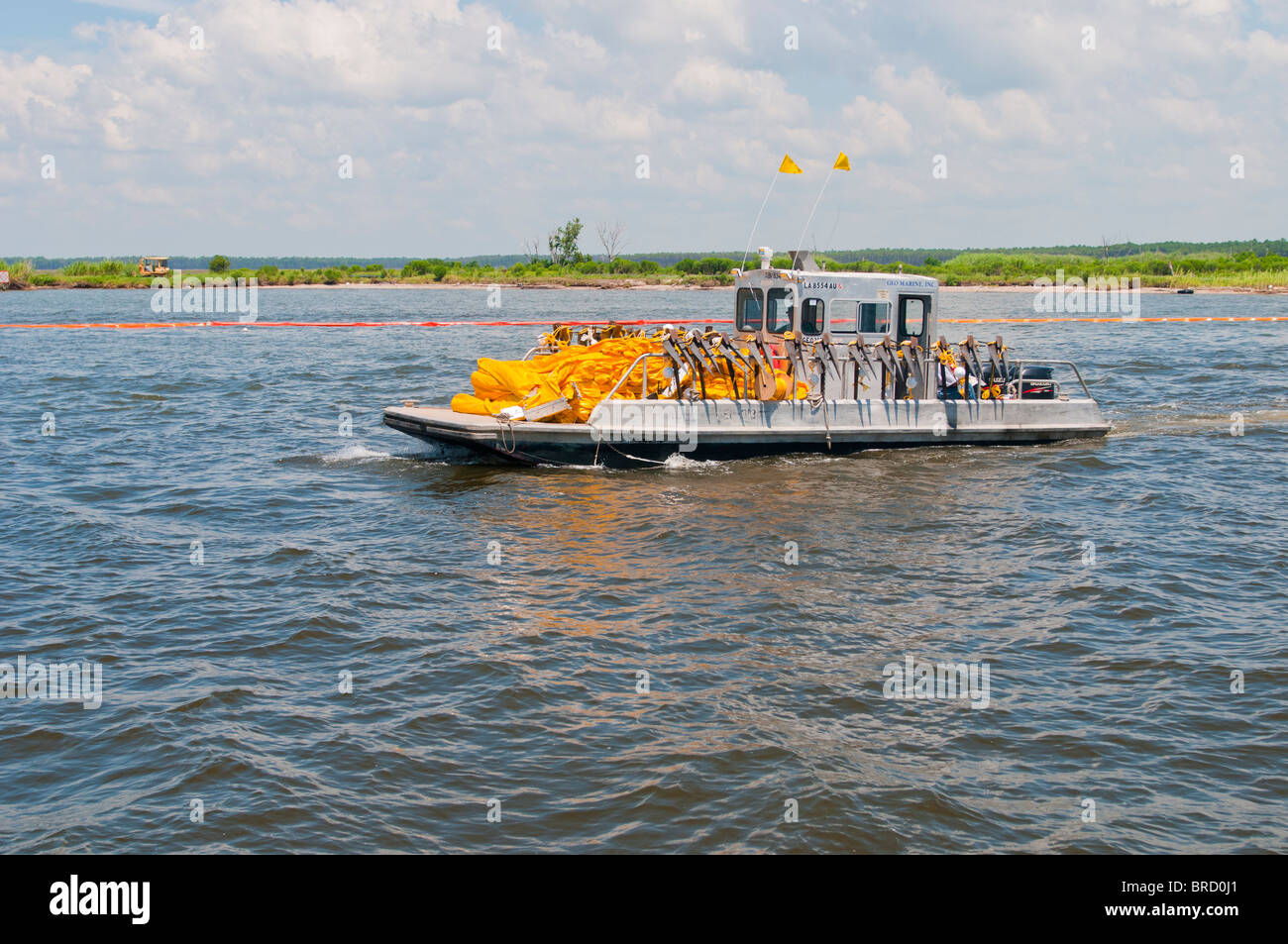A GEO Marine vessel transports oil containment boom out of Bayou La Batre, Alabama, U.S. Stock Photo