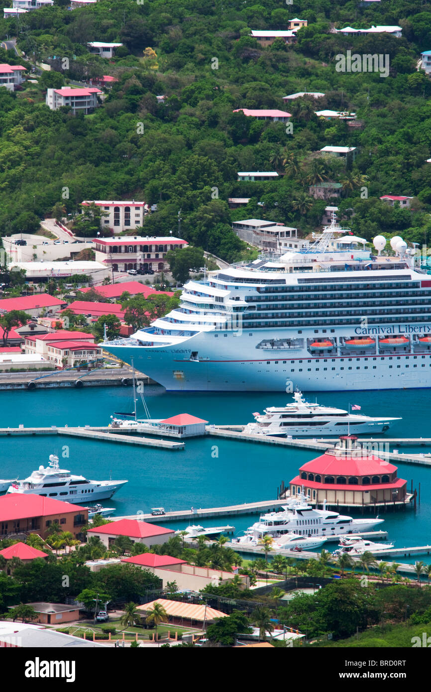 Boats harbor in Charlotte Amalle with cruise ship. St. Thomas. US Virgin Islands. Stock Photo