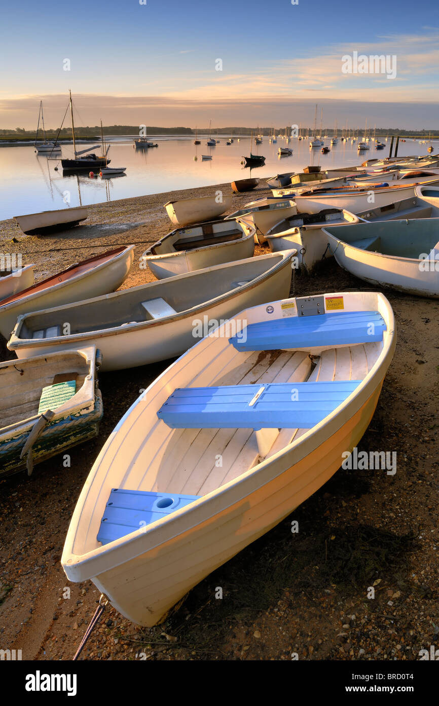 Boats on the shore at dawn - Waldringfield, Suffolk - England Stock Photo