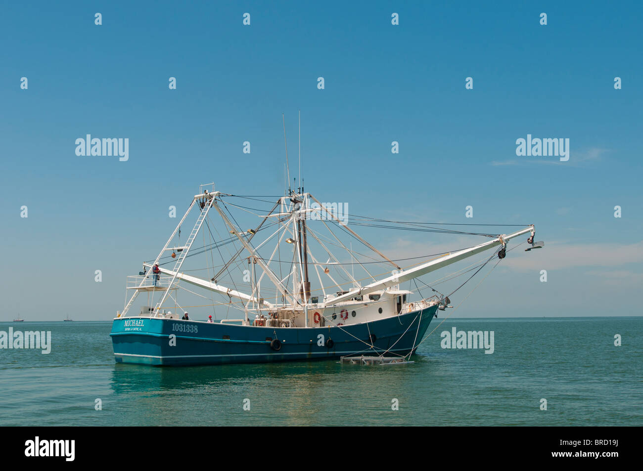 Oil skimming vessel collecting oil, Mississippi Sound, Gulf of Mexico, U.S. Stock Photo