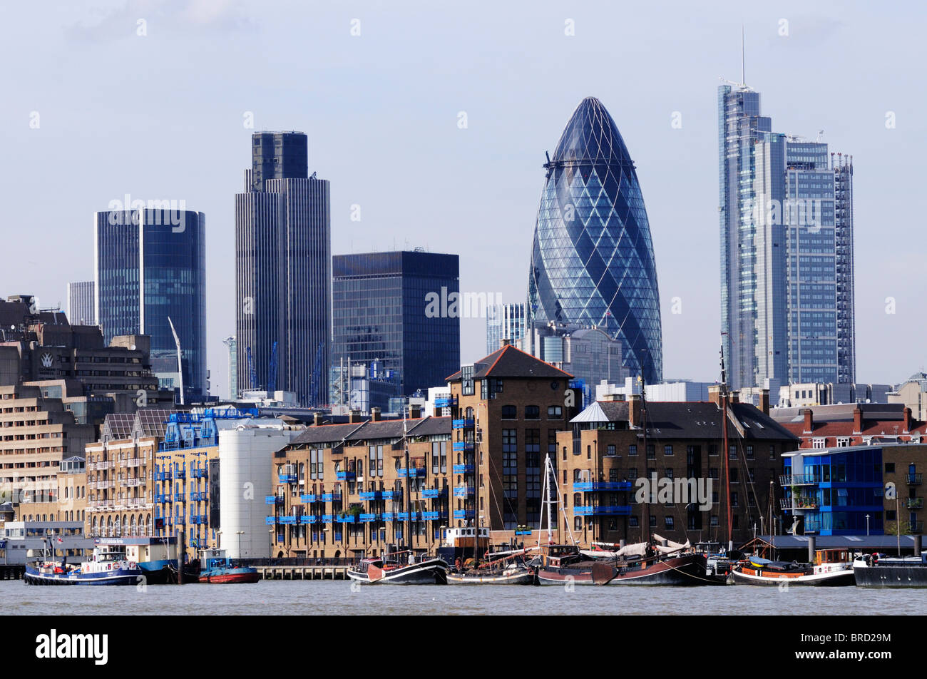 City of London Skyline and apartments at Wapping from the Thames Path at Bermondsey, London, England, Uk Stock Photo