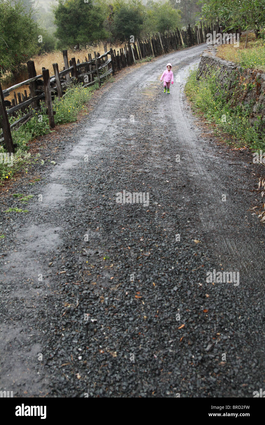 A two year old child walking down a country lane in the rain. Stock Photo