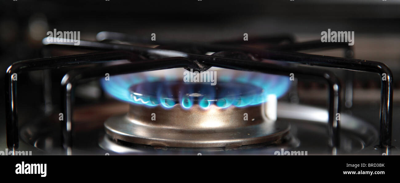 Typical blue gas flame of a gas stove. Stock Photo
