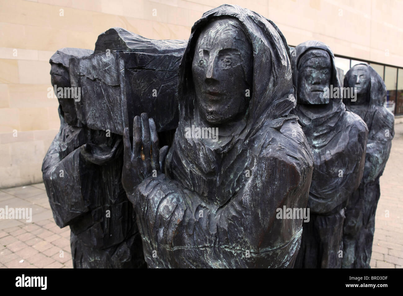 The sculpture "Journey" depicting monks moving St Cuthbert's coffin