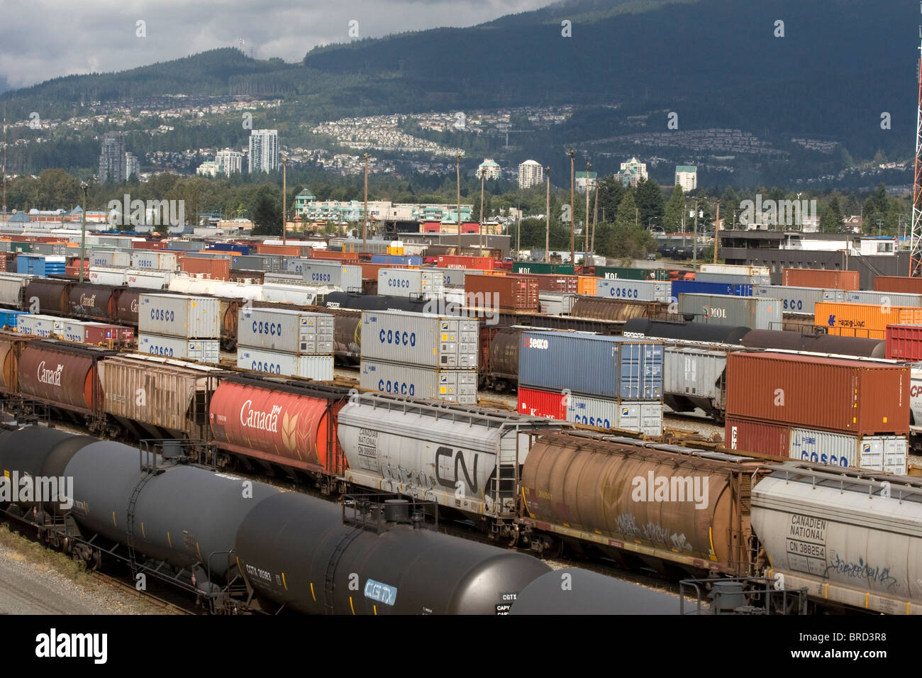 Freight Cars in Canadian Pacific rail yard in Port Coquitlam Vancouver BC British Columbia Canada Stock Photo