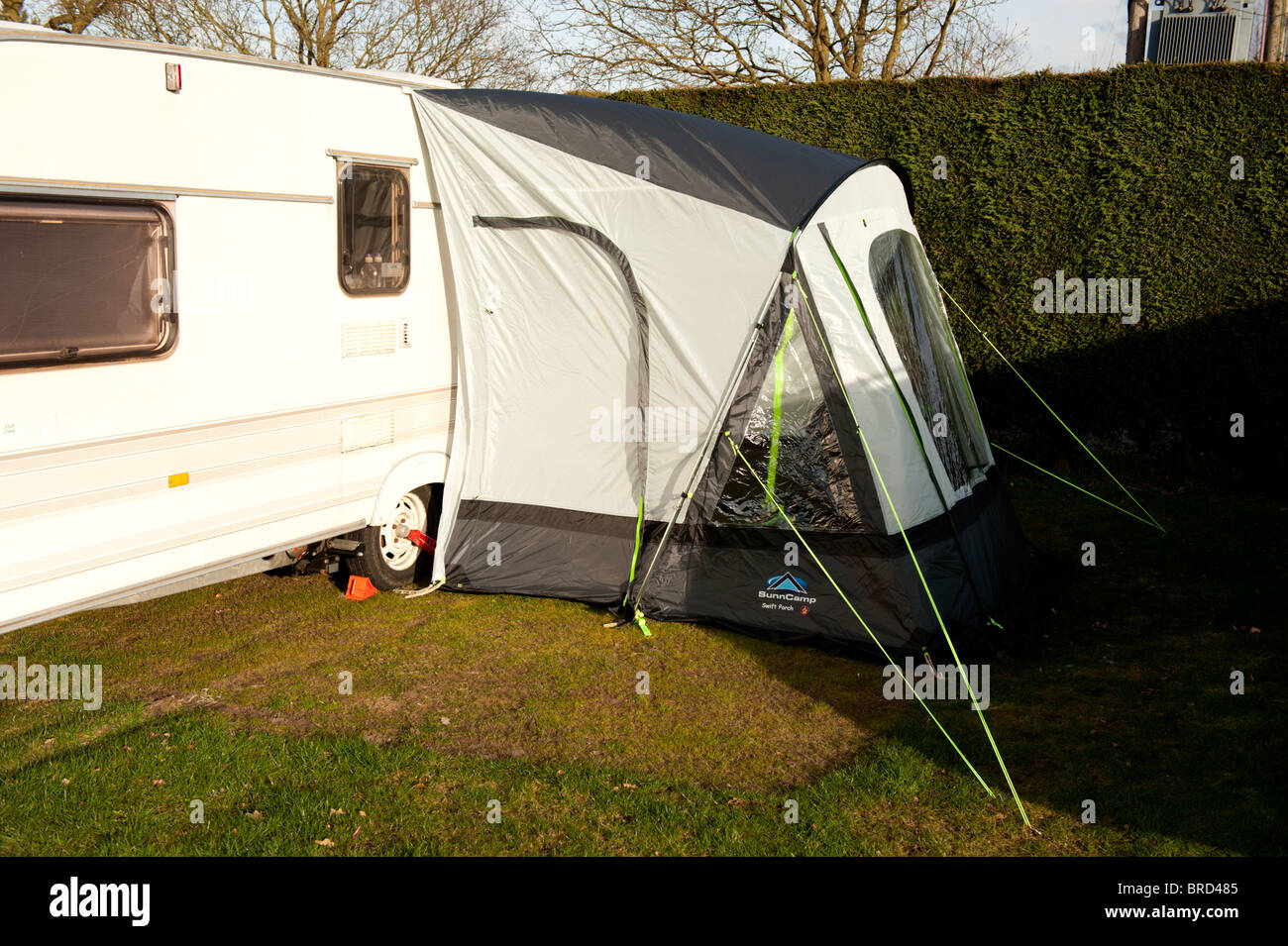 Porch Awning fitted to touring caravan Stock Photo Alamy