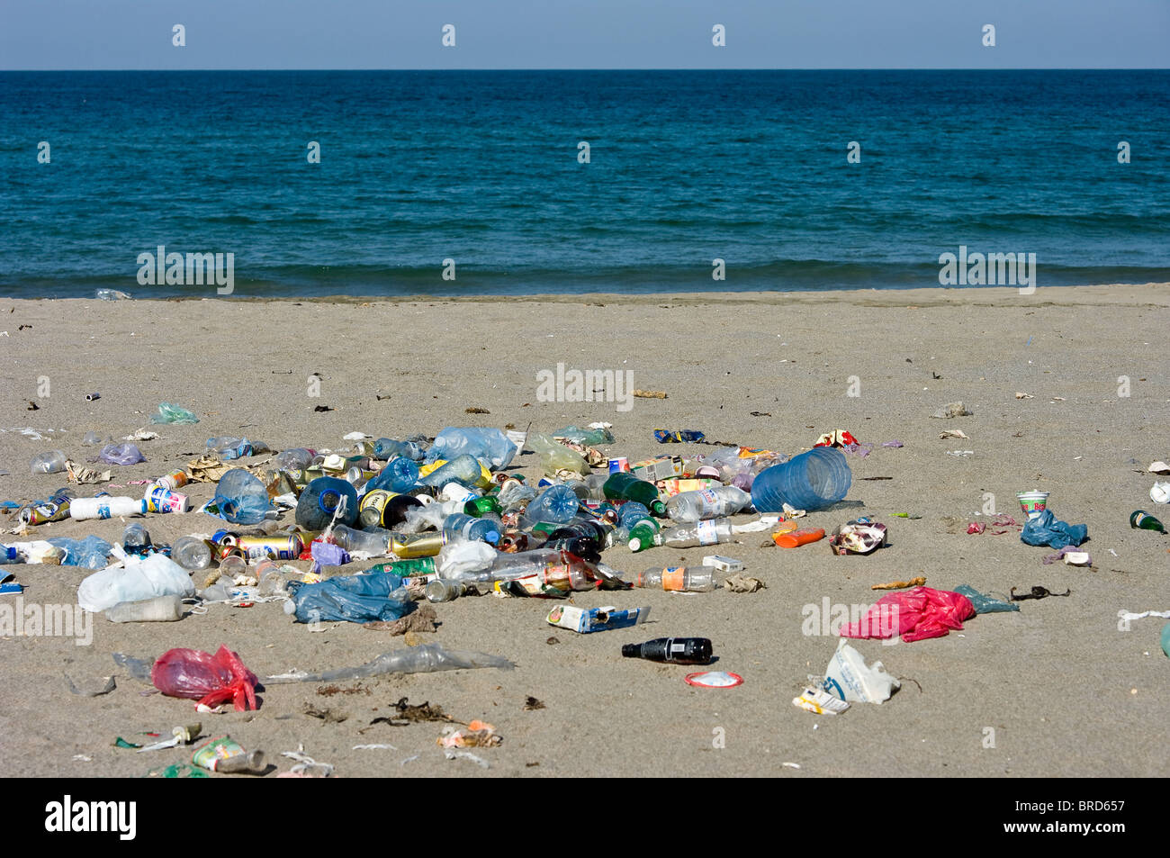 Polluted beach on the southern coast of Bulgaria Stock Photo