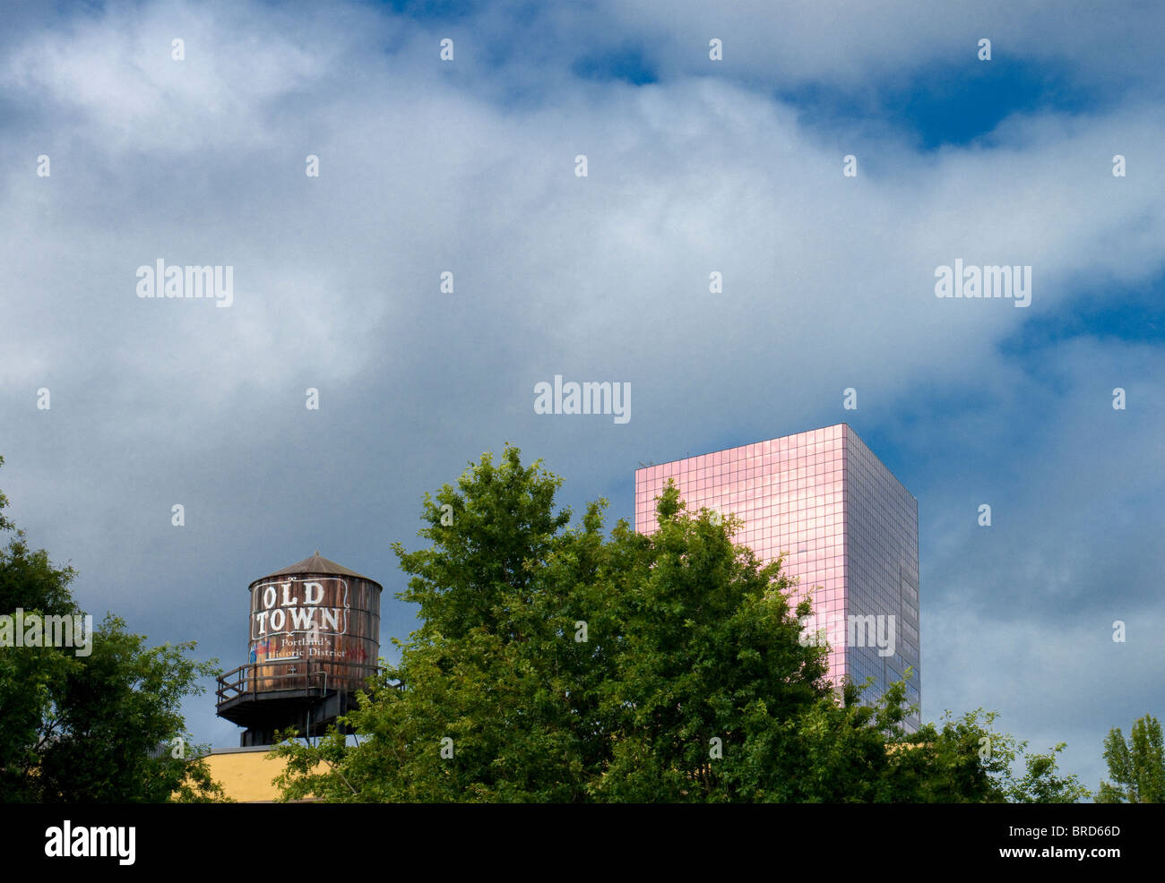 Portland, Oregon skyline with Old Town tower. Stock Photo