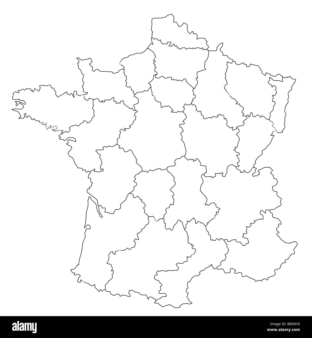 An outlined map of France showing the different provinces. All isolated on white background Stock Photo