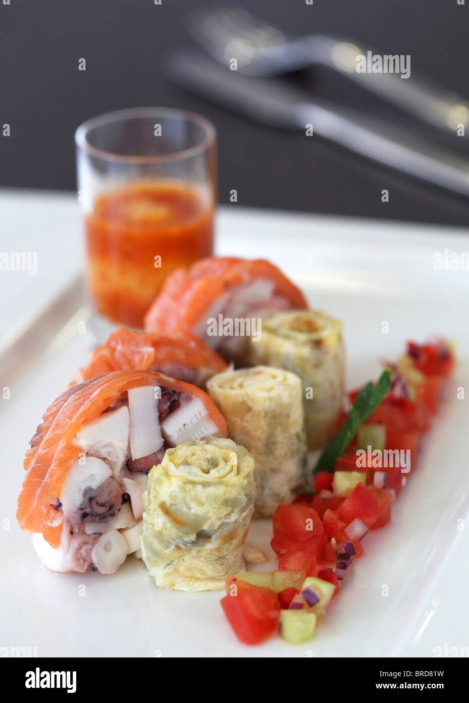 octopus terrine salmon cold Spanish soup Gaspachio lobster frittata