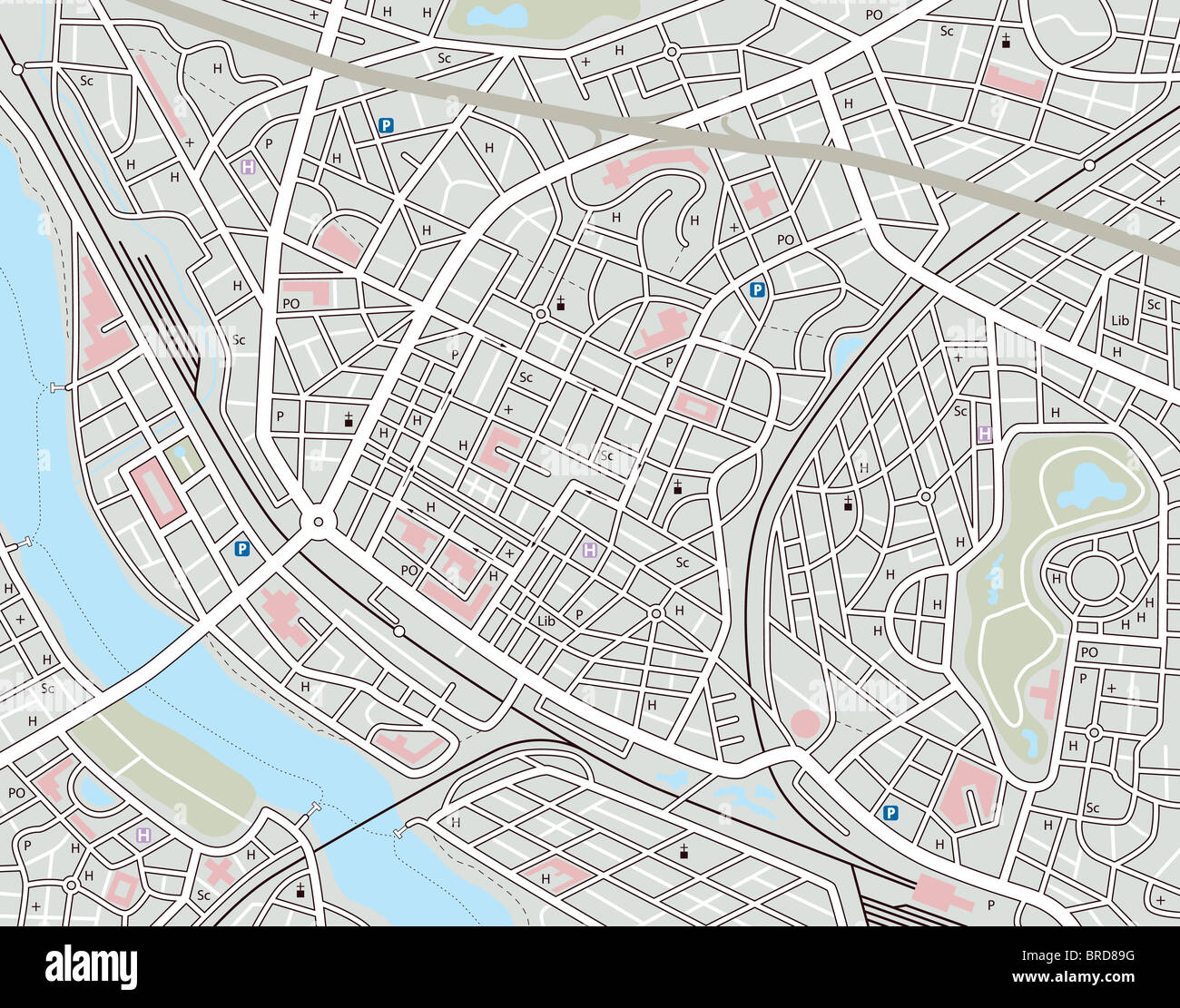 Illustrated map of a generic city with no names Stock Photo - Alamy