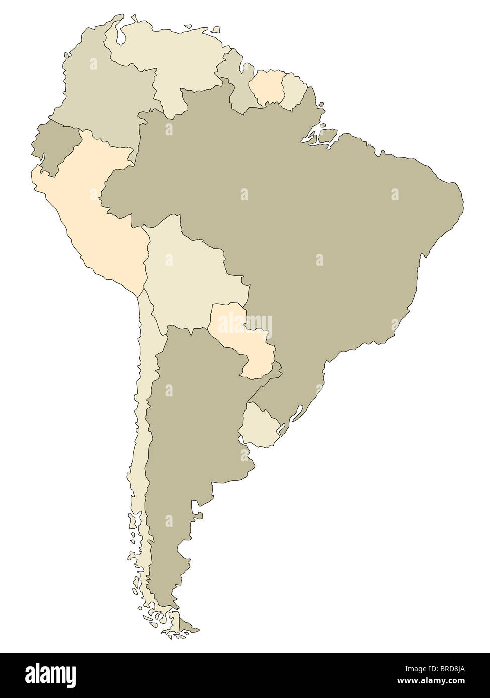 Stylized map of South America in brown tone. All on white background. Stock Photo