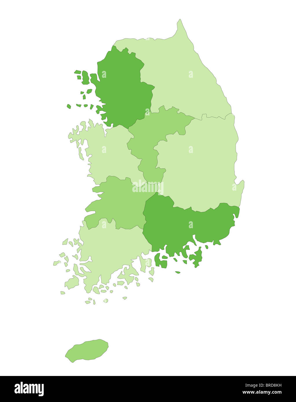 Stylized map of South Korea in green tone showing the different provinces. Stock Photo