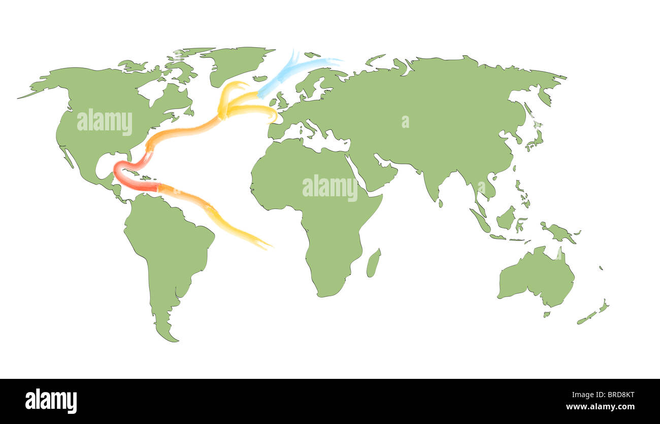 A map of the world showing the Gulf Stream and its different temperature zones. Stock Photo