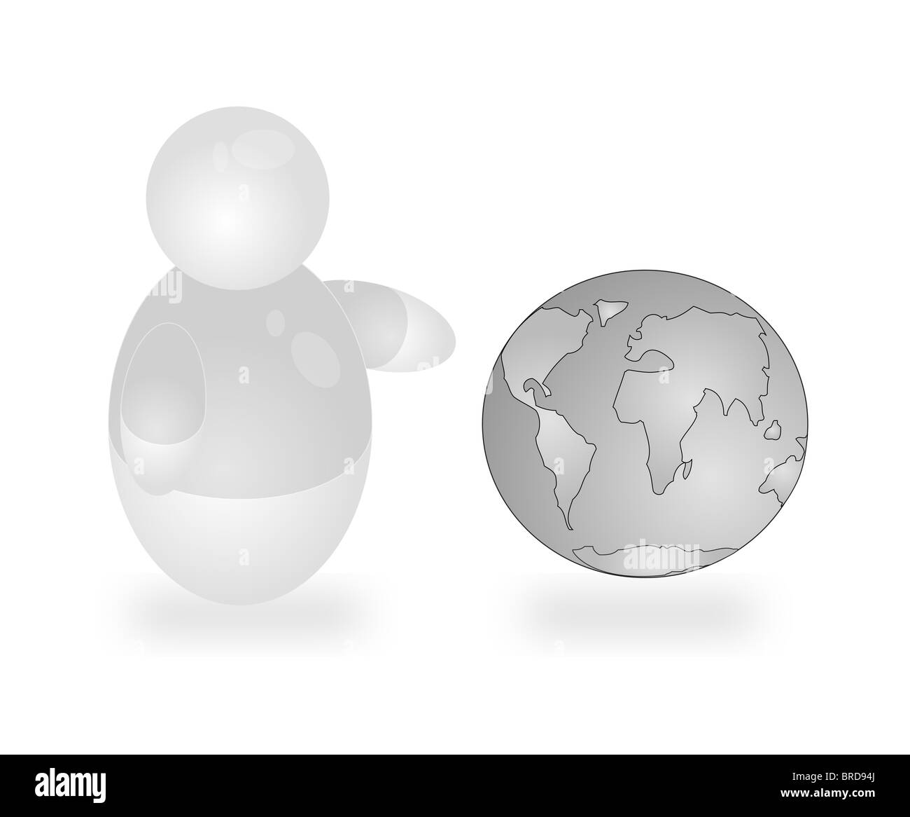 A stylized person pointing at the earth in grey tone. All isolated on white background. Stock Photo